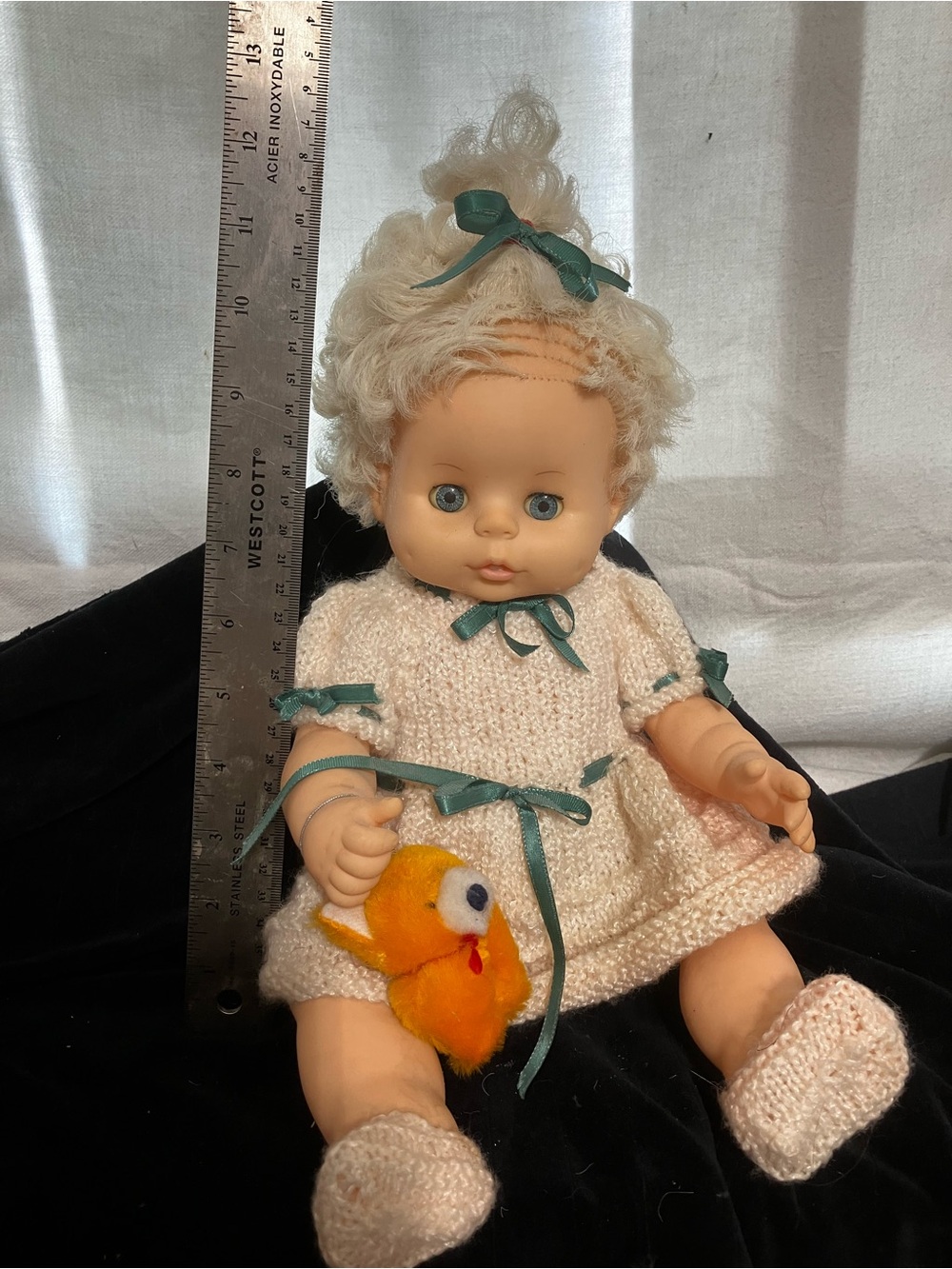 Vintage Baby Doll with Knit Dress and Green Ribbon Accents